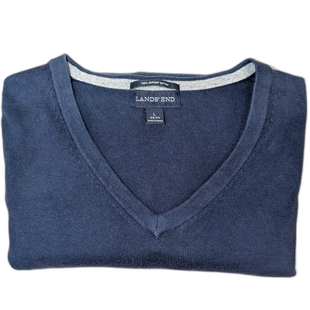 Lands’ End Men’s	| Supima Cotton V-Neck Sweater Navy Blue | Size Large